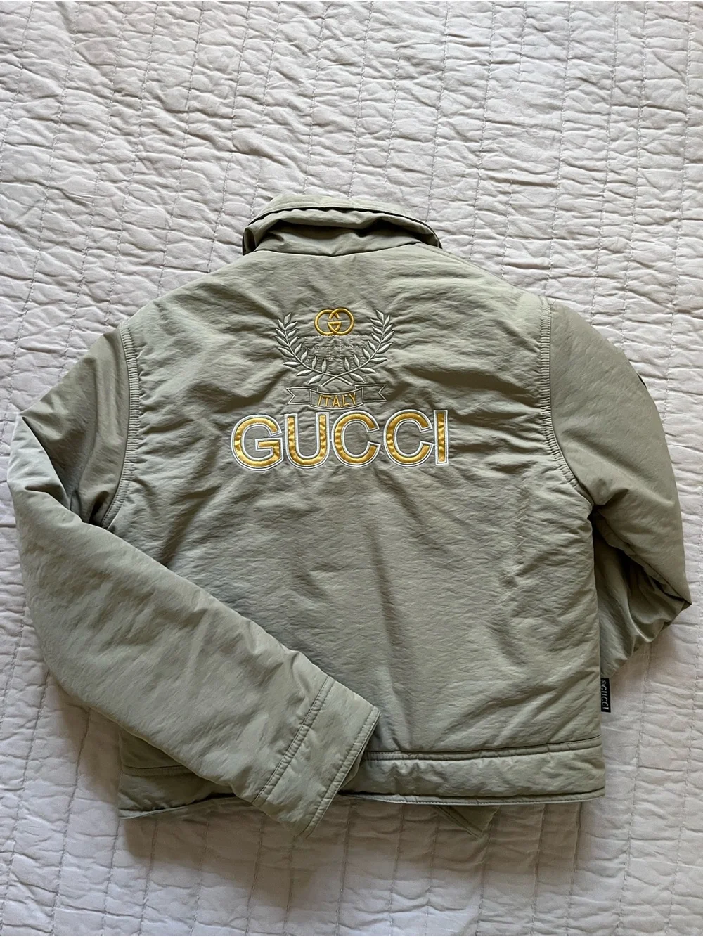 Gucci Light Khaki Embroidered Logo Bomber Jacket with Gold Accents